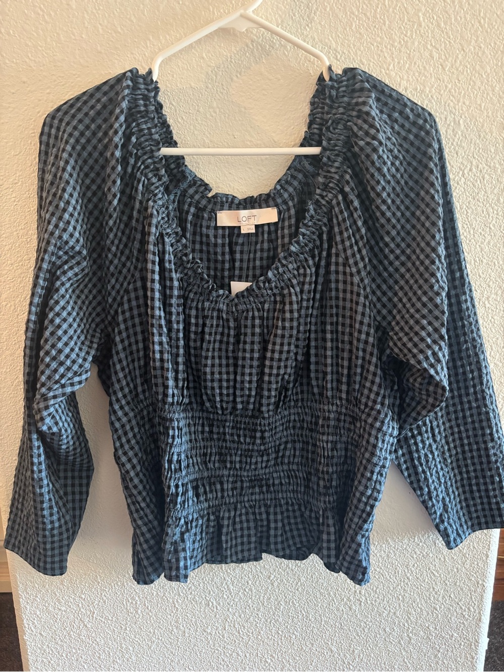 LOFT Navy and Black Gingham Smocked Peasant Blouse